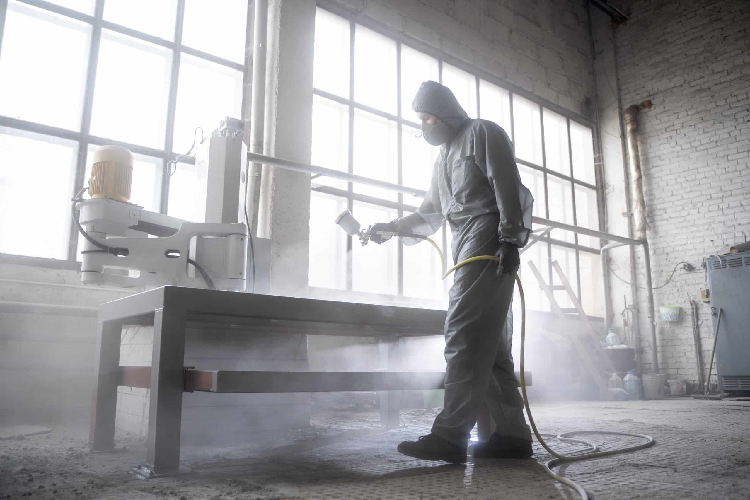 man spraying powder paint full shot